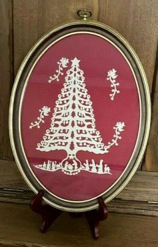 Vintage Scherenschnitte Christmas Tree; 14 " X 11 " Oval Frame Red White Paper Cut