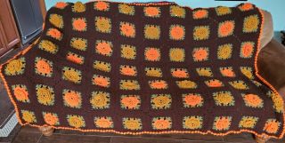 Vintage Earth Tones Granny Square Hand Crocheted Afghan Blanket Throw 60 X 82