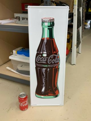" Coca Cola W/ Bottle " Embossed Metal Advertising Sign (28 " X 10 ") Near