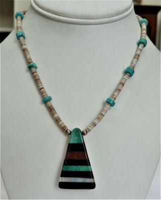 Vintage Kewa Santo Domingo Pueblo Inlay Turquoise Mop Onyx Heishi Bead Necklace