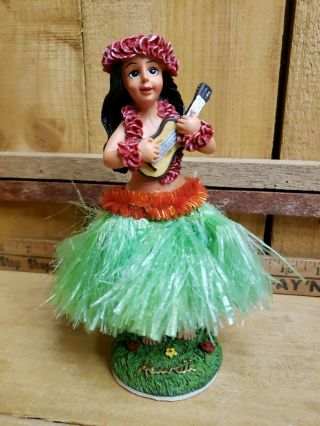 Kc Hawaii Girl Hula Dancer Dashboard Doll Green Skirt With Ukulele 6.  5 " Tall