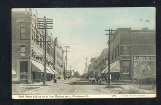 Charleston Illinois Downtown State Street Scene Stores Vintage Postcard