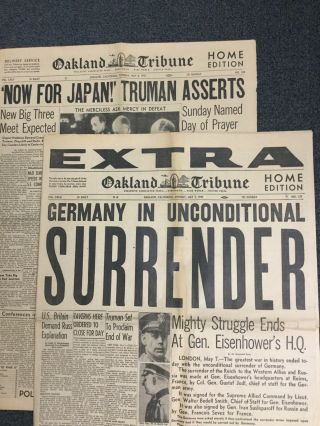 Nazi Germany Surrender - World War 2 Ii - Two Oakland,  California Newspapers