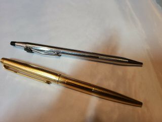 Two Vintage 14k Gold Filled Parker And Cross Silver Tone Ballpoint Pens Usa.