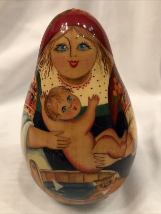 Russian Doll Matryoshka Signed Roly Poly Musical Hand Painted Woman & Child