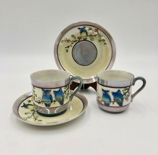 Vtg Takito Owl Lustreware Cup And Saucer Set,  Iridescent Japan 1922 - 1944