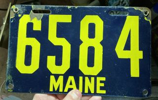 Maine License Plate 1913 Porcelain Yellow Navy 4 Digit Gd,  Great Gloss 6584 Me