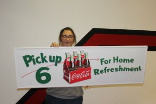 Large Coca Cola Pick Up 6 Soda Pop Gas Station 50 " Reissue Embossed Metal Sign