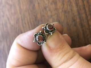 Vintage Antique Filagree Sterling Silver Red Stone Stud Earrings 925