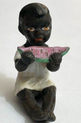 Miniature 1930s Vtg Black Americana Bisque Porcelain Boy Eating Watermelon 1.  5”