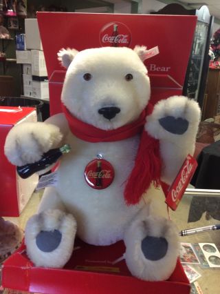 Vintage Steiff Polar Bear Coca Cola With Certificate 1999 Button In Ear 14.  5”