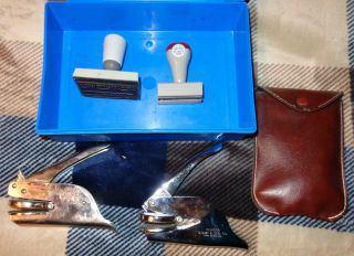 2 Vtg Metal Notary Public Seal Embossers,  Stamp,  Pouch,  Box Indiana Stamp & Seal