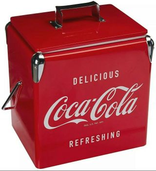 Vintage Style Cooler Ice Box Tin Lunch Box 3.  5 Gal Red Metal Coke Coca Cola