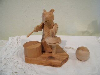 Vintage.  Russian Hand Carved Wooden Bear Drumming Pull String Toy