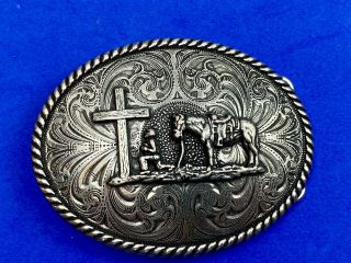 Cowboy Kneeling At The Cross Praying - End Of The Trail 4 " Western Belt Buckle