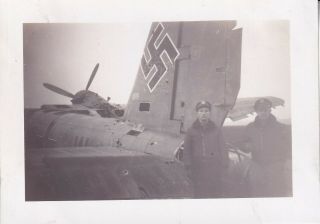 Wwii Snapshot Photo Aaf P - 47 Pilots & Wrecked German Bomber Tail 37