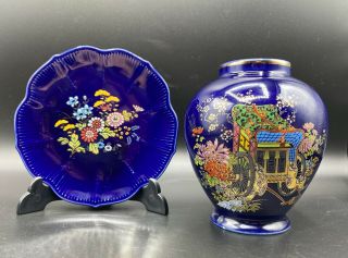 Japanese Kutani Style Bijutsu Toki Kobalt Blue Jinger Jar Urn And A Small Dish