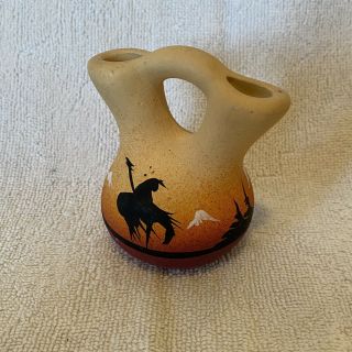 Vintage Native American Hand Painted Miniature Wedding Vase 3” Signed Pottery