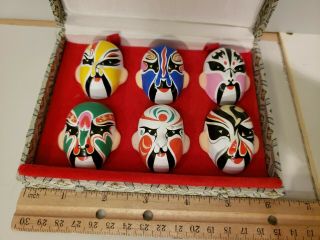 Chinese Clay Mini Painted Peking Opera Masks In Decorative Box Of 6 Masks