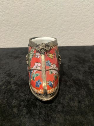 Vintage Chinese Porcelain Bound Lotus Shoe Metal Overlay