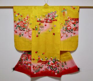 Japanese Silk Kimono / For Child / Flower & Gosyoguruma / Yellow & Red / Sakura