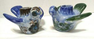 Vintage Mexican Pottery Folk Art Ceramic Bird Blue Floral Mexico Candle Holders