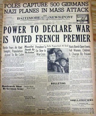 1939 Headline Display Newspaper Nazi Germany Attacks Poland - Ww Ii Begins