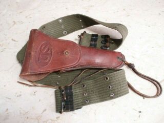Vintage Wwii Brown Leather Sears Gun Holster With Canvas Belt
