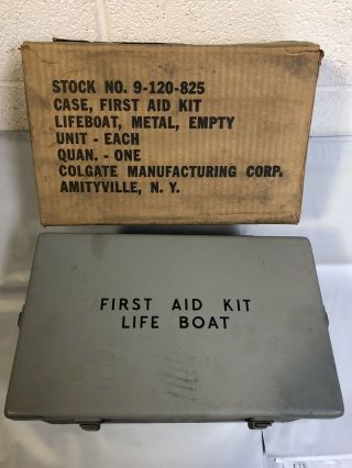 Vtg Wwii Life Boat First Aid Kit Us Navy Usn Gray Container Case Metal Empty Nos