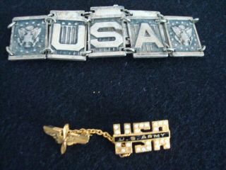 Wwii Us Army Sterling Silver Sweetheart Bracelet Usa,  Gold Tone Usa Us Army Pin