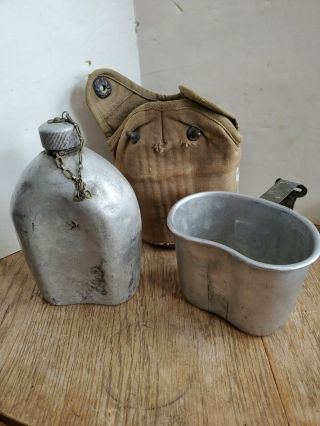 Vintage Us Military Issue Wwii 1942 Canteen W/ Cover,  Cup & Pouch