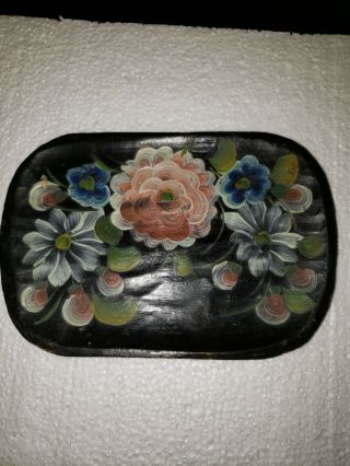 Hand Painted Vintage Mexican Folk Art Batea Tole Wood Oval Tray Flowers 5 X 7 In