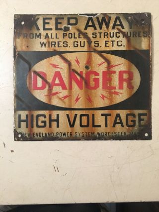 Vintage Double Sided Porcelain Danger High Voltage Sign Worcester Ma England