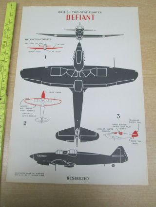 Vtg 9/42 Wwii Recognition Id Aircraft Poster British Fighter Defiant 14 " X 20 "
