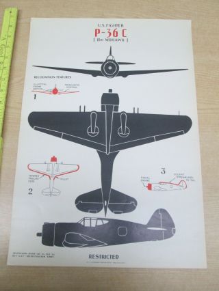 Vtg 7/42 Wwii Recognition Id Aircraft Poster U.  S.  Fighter P - 36c Mohawk 14 " X 20 "