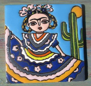 Talavera Tile Clay Pottery 4 " Hi Relief Day Of The Dead Frida Cactus Brown Eyes
