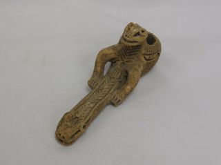 Pre Columbian Clay Pipe Lizard Riding A Snake