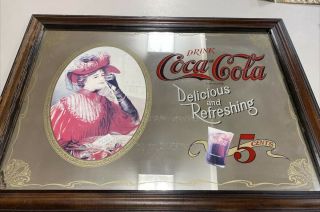 Vintage Coca Cola Glass Mirror Wooden Frame 25” X 18” “delicious & Refreshing”