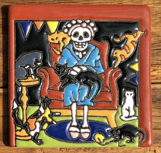 Talavera Tile Clay Pottery 4 " Hi Relief Day Of The Dead Crazy Cat Lady Chair