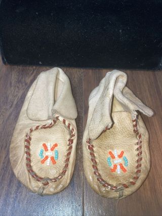 Antique 1900s? Native American Baby Leather Beaded Moccasins Shoes Plateau?