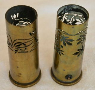 Pair Wwii Trench Art 40mm Brass Artillery Shell Engraved Flowers 1943