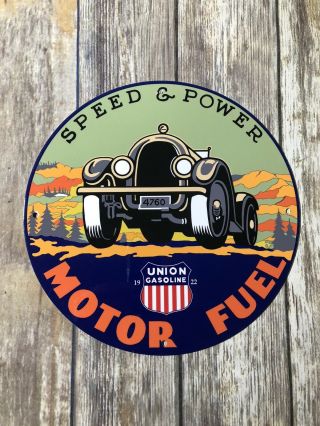 Vintage Union Speed & Power Motor Fuel Truck 12” Metal Gas & Oil Pump Plate Sign