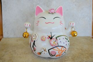 Japanese Maneki Neko Lucky Cat Beckoning Wave Bells Hanging Ceramic Piggy Bank