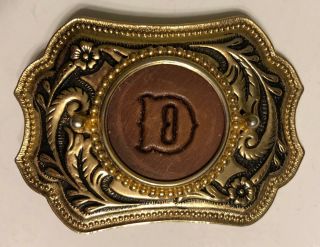 Vintage Western Style Belt Buckle With Tooled Leather Initial " D " 3.  5 " X 2.  5 "
