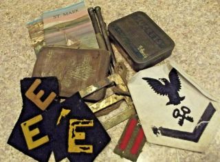 Wwii Soldiers Personal Items Navy Patches,  Wallet,  Sucrets Tin W/ Items,  Buckle