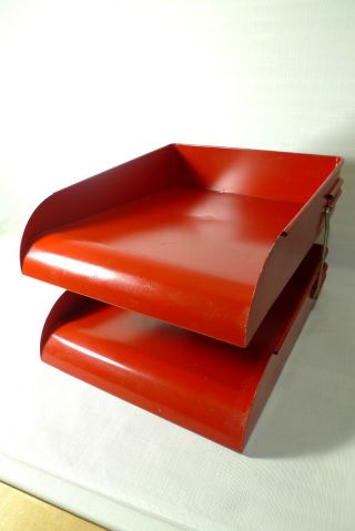 Vintage Globe & Wernicke Red Metal Paper Letter Tray 2 - Tier Industrial Look