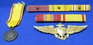 Wwii - Korean War Naval Aviator Pilot Wings Badge,  China Service Medal & Ribbons