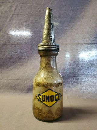 Authentic Vtg Sunoco Motor Oil 1 Qt.  Glass Motor Oil Bottle; Tin Master Mfg.  Co.