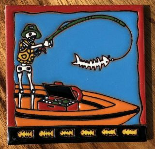 Talavera Tile Clay Pottery 4 " Hi Relief Day Of The Dead Fishing Pole Tackle Box