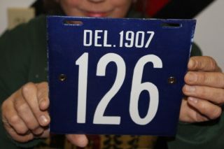 Delaware Motorcycle 1907 License Plate Gas Oil Porcelain Metal Sign